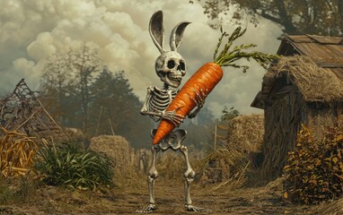 Mischievous skeleton rabbit holding a giant carrot, grinning as if it stole it from a ghostly farm