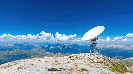 satellite dish on mountain peak offers stunning panoramic view of landscape