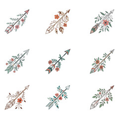 Boho Arrow With Leaves, Flower vector illustration