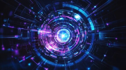 Obraz premium Abstract futuristic digital technology background with vibrant neon lights depicting a circular pattern of data flow and connectivity in a cyber environment.
