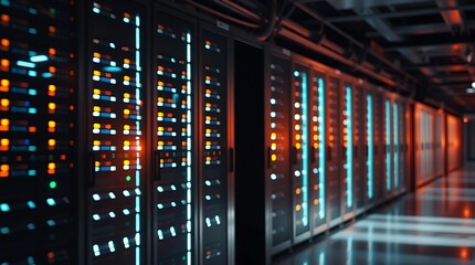 Fototapeta premium Modern Database and Data Center Room – High-Tech Storage and Management Solutions, database, data center room, modern data center, server room