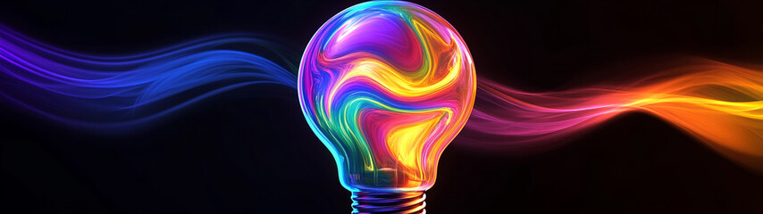 Abstract Light Bulb with Colorful Swirling Energy on Black Background. Generative AI.