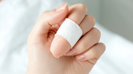 Woman's finger with bandage, close-up, hospital bed background, medical care