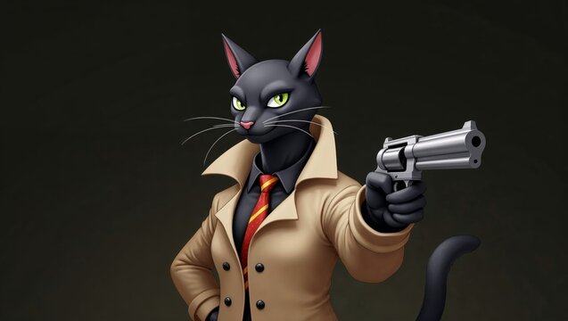 A sleek black cat character dressed as a detective, wielding a revolver while exuding a mysterious vibe that captivates and intrigues viewers with its charm.