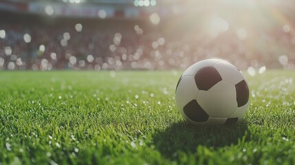 Fototapeta premium Soccer Ball on Lush Green Field with Blurred Crowd Background Under Bright Sunlight, Ideal for Text Overlay
