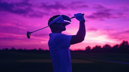 Skilled gamer wearing VR glasses while playing golf at metaverse or golf court with purple sky. Attractive golf player or athlete practicing sport skill while entering in simulated world. Ingenuity.