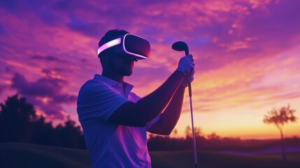 Skilled gamer wearing VR glasses while playing golf at metaverse or golf court with purple sky. Attractive golf player or athlete practicing sport skill while entering in simulated world. Ingenuity.