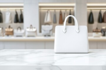 Fototapeta premium Elegant luxury handbag displayed on marble table in chic boutique
