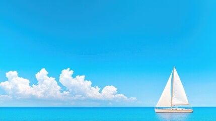 Fototapeta premium White sailboat sailing on a calm blue ocean under a clear sunny sky.