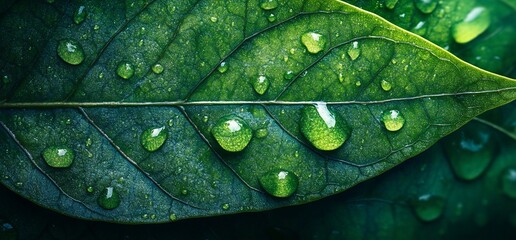 Fototapeta premium Dew drops on green leaves, close-up. Nature background. Ecology