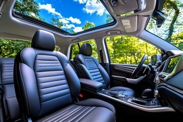 Fototapeta premium Inside a state-of-the-art, luxury automobile, passengers experience the perfect blend of sport and comfort, thanks to meticulously sewn car leather seats that incorporate horizontal headrests and the