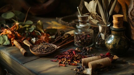 Fototapeta premium Rustic spices and herbs on a wooden table