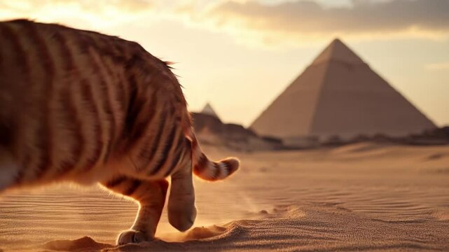 Ginger cat walking through the Egyptian desert towards the camera, passing by with a pyramid in the background at sunset