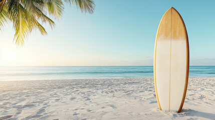 surfboard standing on sandy beach with palm trees at sunset