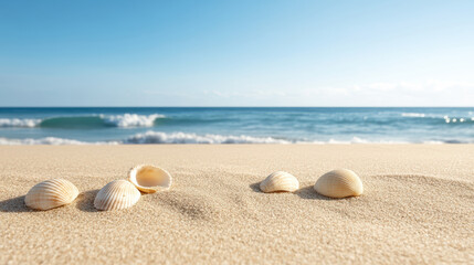 tranquil beach scene at dusk with seashells scattered on sand