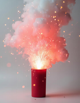 red firecracker garland is slowly exploding on a white background