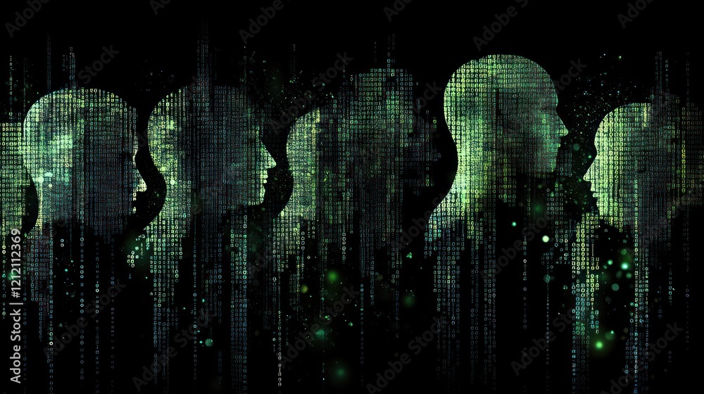 Poster brain shapes formed from binary code, highlighting ai and human connections.