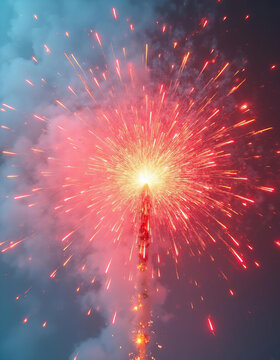 red firecracker garland is slowly exploding on a white background