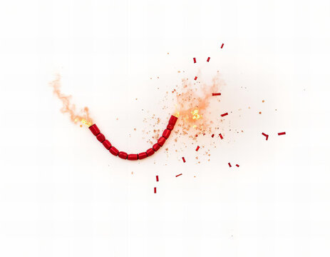 red firecracker garland is slowly exploding on a white background