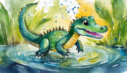 Fototapeta premium Cute baby Alligator smiling happily in a pond background, children's book style, watercolor effect