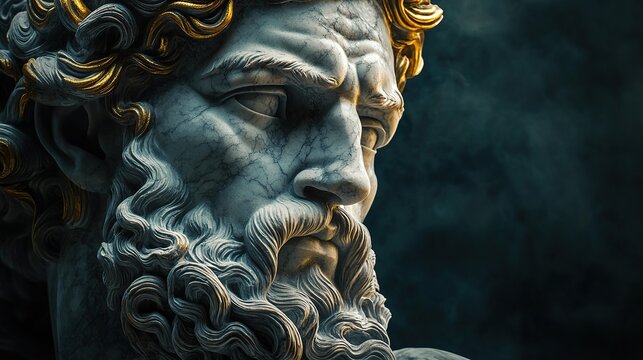Intricate marble sculpture of Zeus with gold details against a moody backdrop