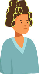 Young woman is wearing hair curlers and waiting for her hairdo, getting ready for a special occasion