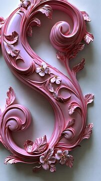 A decorative pink letter 'S' adorned with floral designs and intricate swirls.