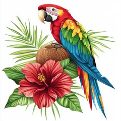 Obraz premium Tropical jungle scene featuring colorful parrot hibiscus flower coconut and leaves on white background