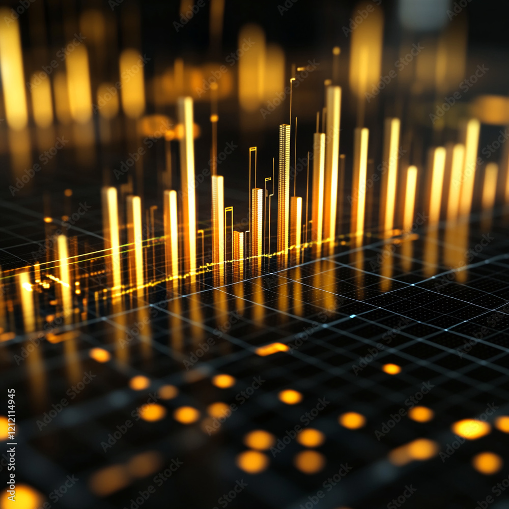 Poster Glowing Golden Bar Chart on Digital Grid for Data Analysis and Visualization