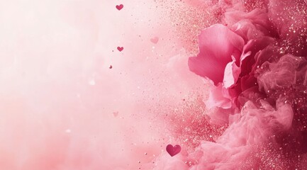 Fototapeta premium Pink and Red Rose with Glitter and Hearts Romantic Valentine's Day Background