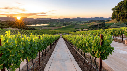 Naklejka premium Breathtaking vineyard landscape at sunset with lush grapevines