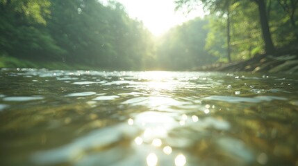 Obraz premium Calm river flowing through sunlit forest