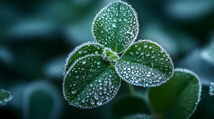 Glistening Ice Hail on Vibrant Green Clover Leaves: A Tranquil Nature Close-Up