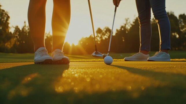 man and woman playing golf on the course at sunset, close-up of golf ball and clubs and people's feet on green grass, couple competing in the game and hitting the ball into the hole