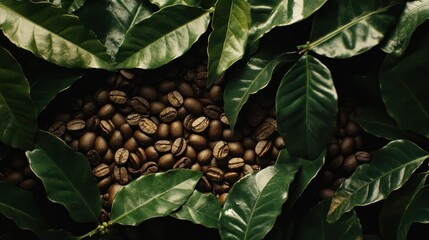 Fototapeta premium Coffee backgrounds featuring beans and leaves for organic and fresh visuals.