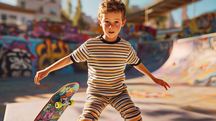Fototapeta premium Young boy showcases skateboard tricks at a vibrant urban skate park filled with graffiti and modern ramps