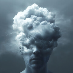 A head filled with swirling storm clouds, with lightning flashes symbolizing anxiety, slowly being replaced by rays of sunlight.


