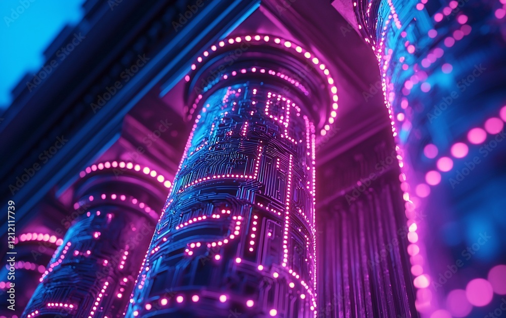 Poster Futuristic glowing columns with circuit board design.