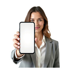 businesswoman showing mobile phone to camera with transparent background
