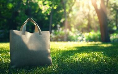 Eco-friendly fabric grocery bag mockup on a fresh green grass background with sunlight filtering through trees