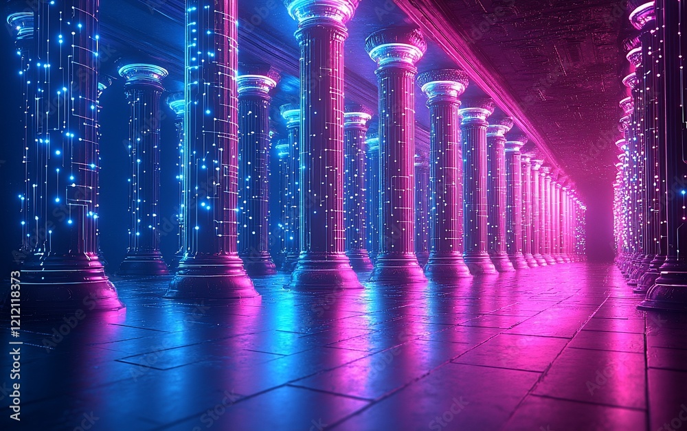 Aufkleber neon-lit classical columns in a futuristic hallway.