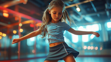 Fototapeta premium Young girl practicing dance moves in urban studio, showcasing fluidity and athleticism in activewear