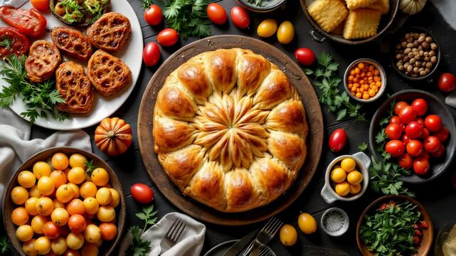 Traditional Easter Dinner Table with Ham, Colorful Eggs, and Festive Bread