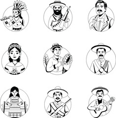 Collection of Hispanic Character Glyph Style Illustrations 