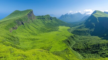 Naklejka premium Lush green valley panorama, volcanic mountains, island landscape, summer day, travel poster