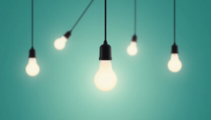 A glowing light bulb hanging from a black cord in the center, surrounded by several identical, unlit light bulbs. The background is a soft teal color, creating a calm and modern atmosphere.