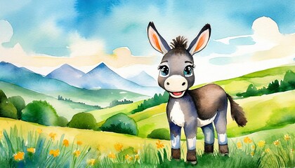 Cute baby Donkey smiling happily in a forest background, children's book style, watercolor effect