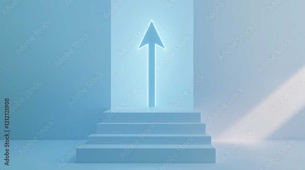 Poster blue neon arrow pointing up on minimal staircase