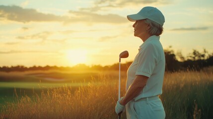 portrait of old woman golfer with club on golf course at sunset, elderly senior couple playing golf in white uniform, senior woman holding golf club and looking at copy space