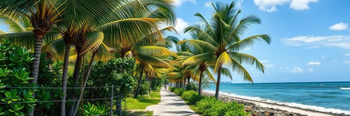 Obraz premium Coconut palms and vines along a serene small coastal path, coastal path, overgrown vegetation, greenery